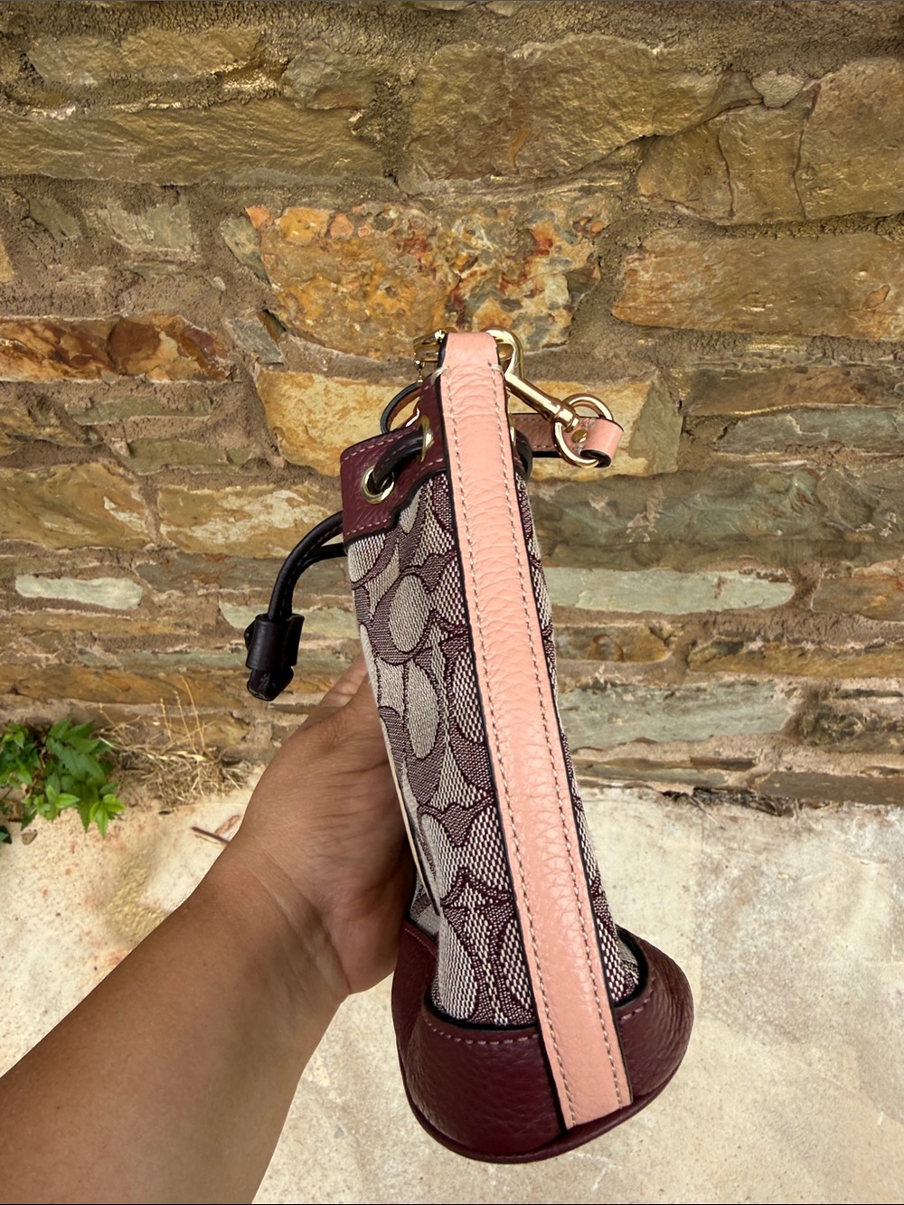 Coach Burgundy Signature Stripe Drawstring Crossbody with Cream Medallion - Picture 8 of 12